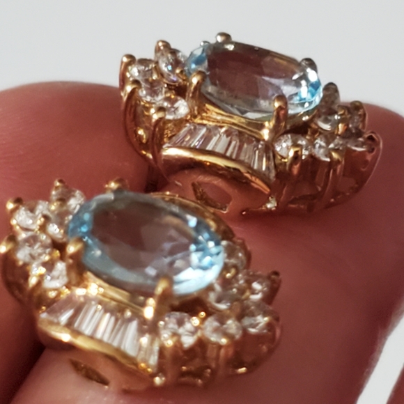 Topaz earrings tourmaline baguettes oval ice blue Genuine natural pierced gold - Picture 10 of 16